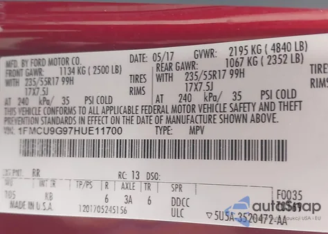 2017 Ford Escape Se from USA, damaged, VIN 1FMCU9G97HUE11700